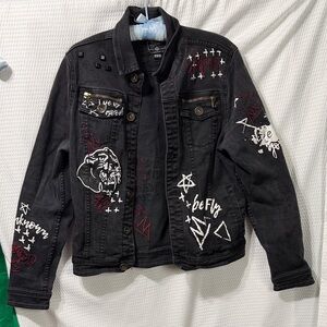 Stylish Black Denim Jacket with Graphic Accents